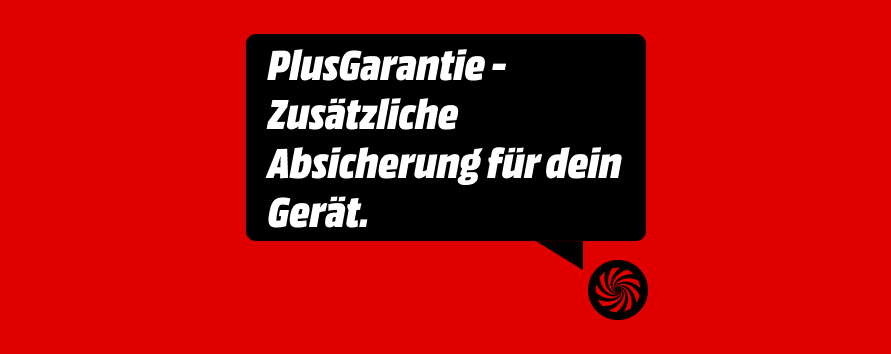 Schwarze Sprechblase auf rotem Hintergrund: 'PlusGarantie – Zusätzliche Absicherung für dein Gerät.
