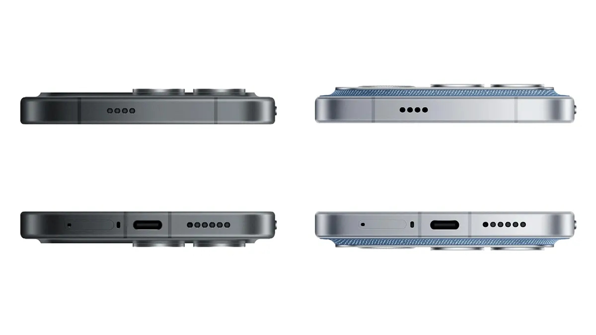 Produktfotos der Ober- und Unterseite des Poco F8 Pro (links) und Poco F8 Ultra (rechts).