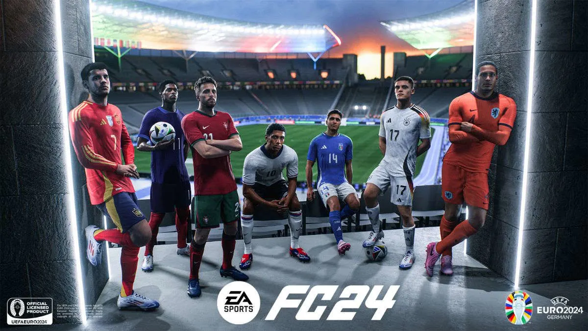 Auf dem Fußballstadion stehen Fußballspieler in Trikots verschiedener Nationalmannschaften. Das EA Sports FC 24 Logo ist sichtbar.