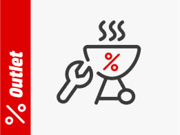 Grill mit Prozent-Icon, davor ein Werkzeug. Links steht auf rotem Hintergrund „Outlet“ mit einem Prozentsymbol.