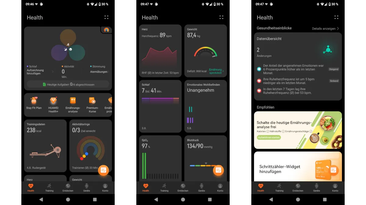 Screenshots aus dem Reiter „Health“ in der Huawei-Health-App.
