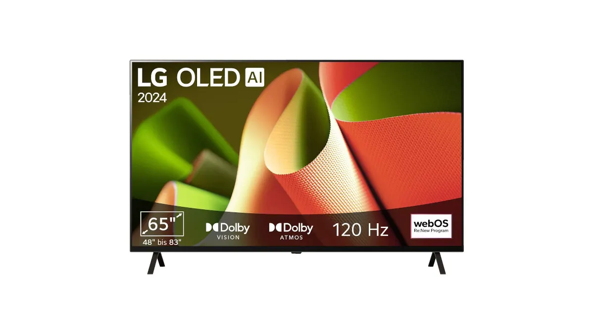 Ein LG OLED AI 2024 Fernseher mit 65 Zoll steht auf einem weißen Hintergrund. Er unterstützt Dolby Vision, Atmos und 120 Hz.