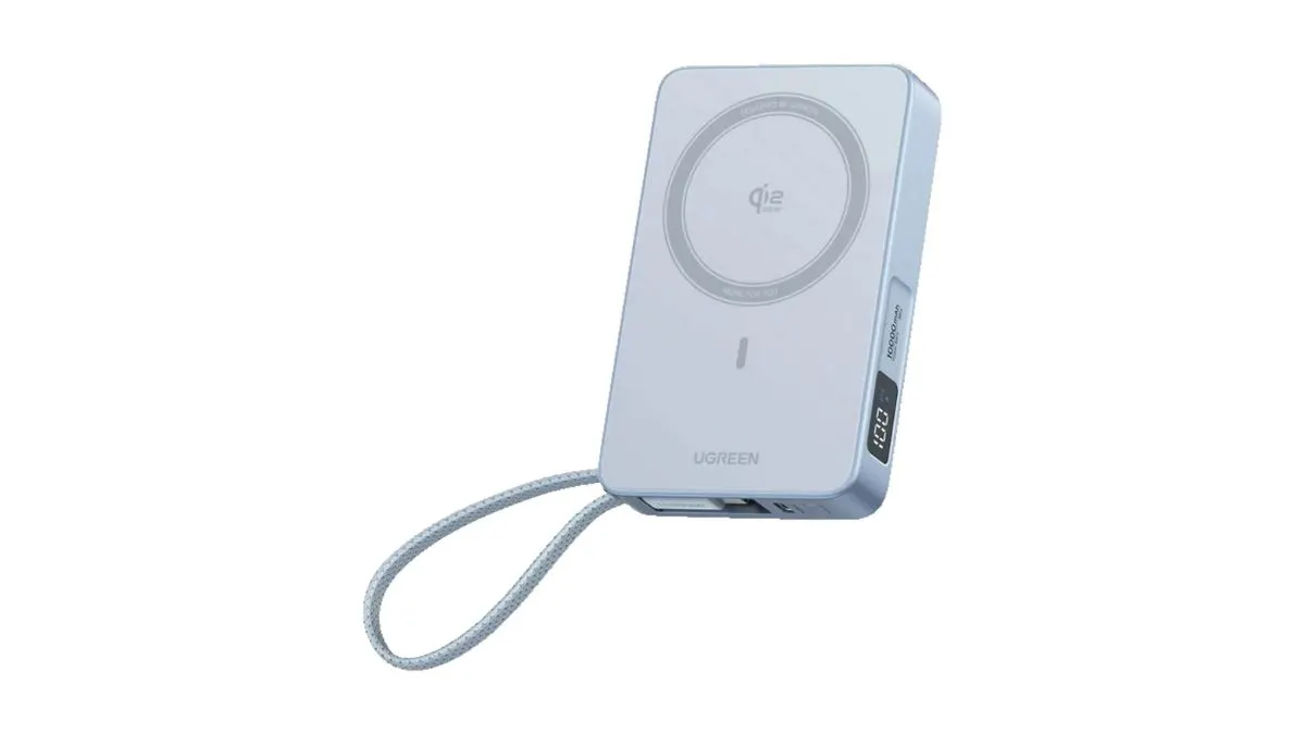 Die Powerbank Ugreen MagFlow Magnetic Wireless Powerbank 10000 mAh vor weißem Hintergrund.
