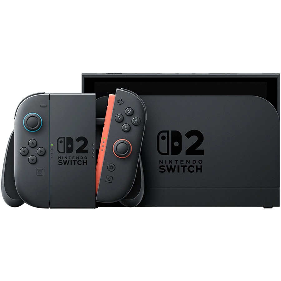 Die Nintendo Switch 2 Konsole in Dockingstation mit zwei unterschiedlich farbigen Joy-Con-Controllern, Produktlogo deutlich sichtbar auf beiden Geräten.