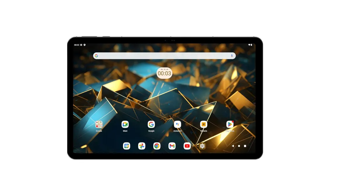 Ein Tablet mit einem blauen und goldenen geometrischen Hintergrund und mehreren App-Symbolen.