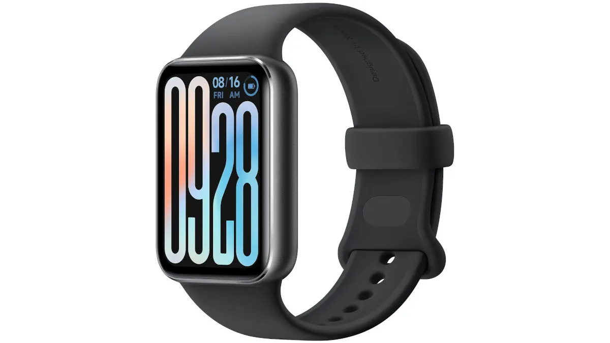 Eine graue Smartwatch mit einem digitalen Zifferblatt, das die Uhrzeit 09:28, das Datum 08/16 und den Wochentag Freitag anzeigt.