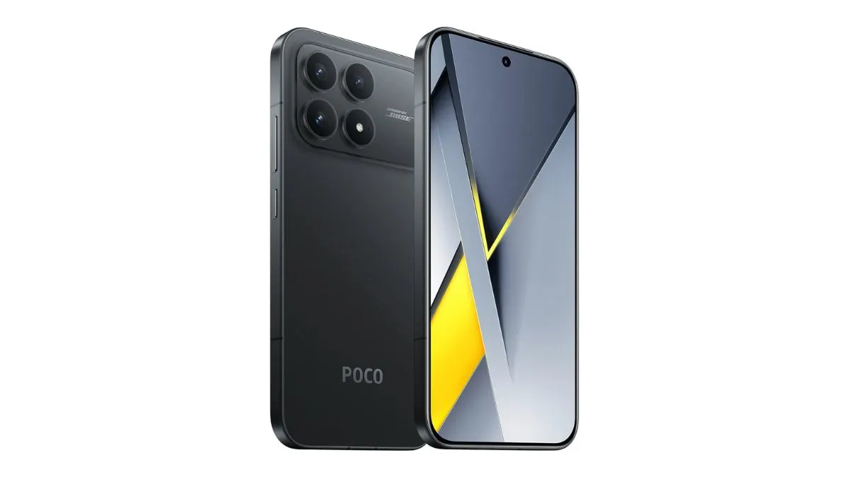 Hinter- und Vorderseite des Smartphones Xiaomi Poco F8 Pro vor weißem Hintergrund.