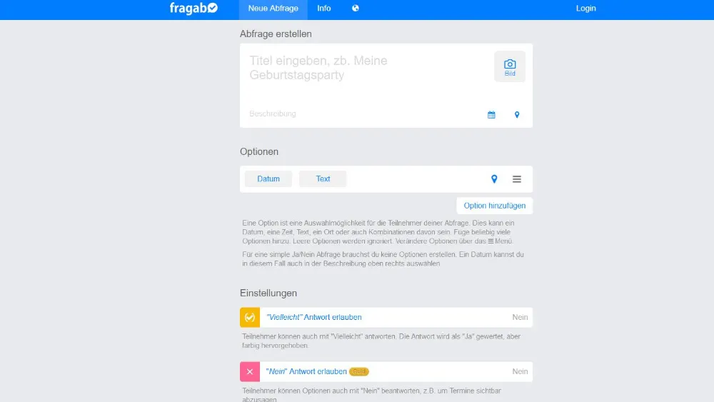 Hellblauer Bildschirm zeigt die "fragab"-Website, auf der Benutzer eine neue Abfrage mit Optionen und Einstellungen erstellen können.