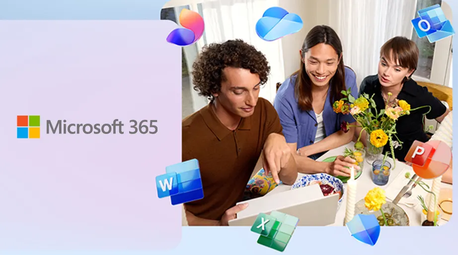 Drei Personen sitzen an einem Tisch mit Blumen und Getränken. Microsoft 365 Logo links; App-Symbole sind um die Szene verteilt.