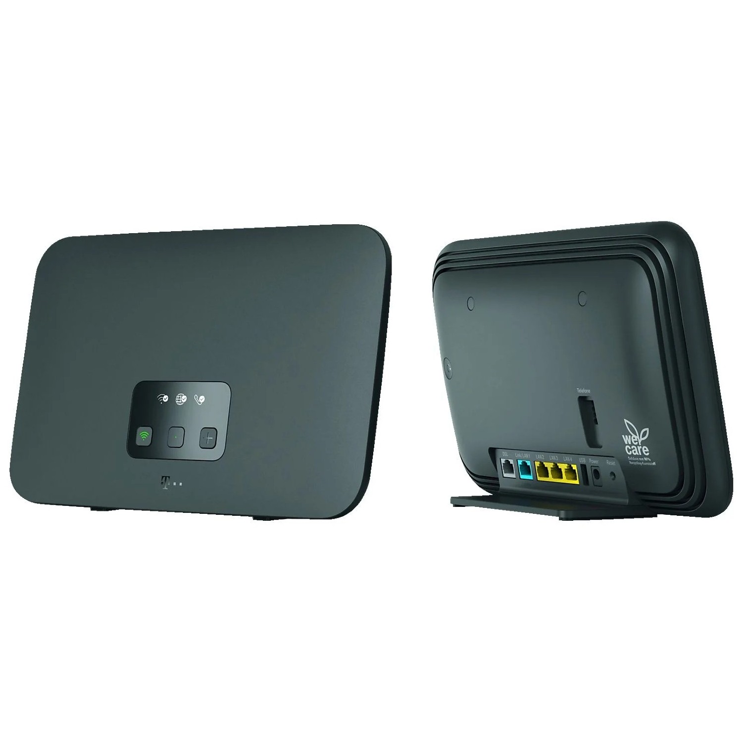 TELEKOM Speedport Smart 4 R Router in Schwarz, kombiniert dargestellte Vorder- und Rückansicht mit Status-LEDs, Bedientasten sowie DSL-, LAN- und Telefonanschlüssen.