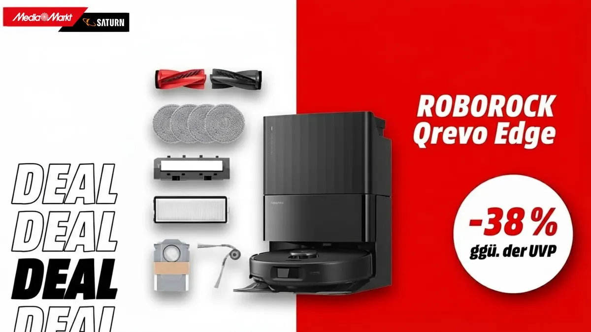 Der Roborock Saugroboter mit Ladestation und Zubehör, Hinweis auf 38 Prozent gegenüber der UVP auf weiß-rotem Hintergrund.