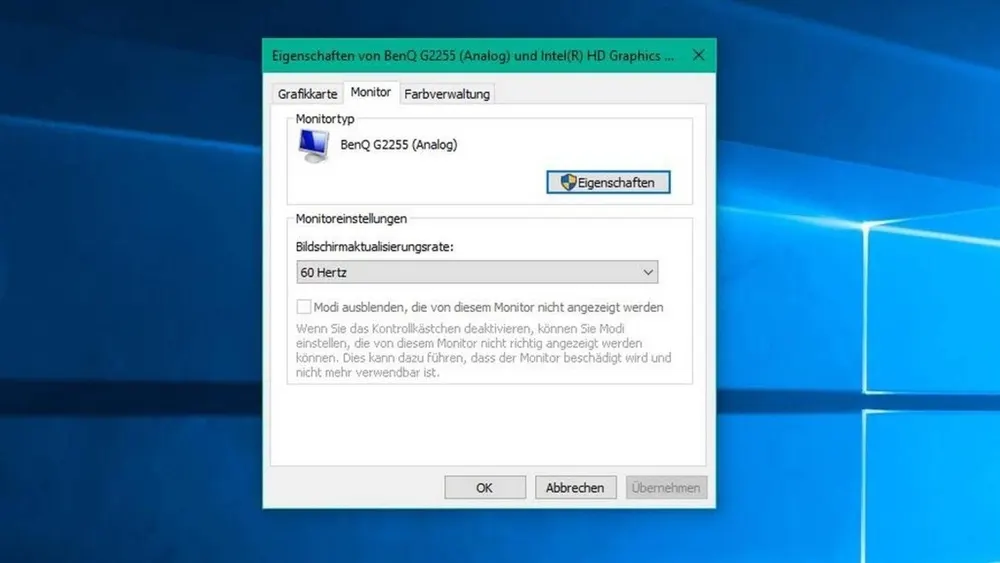 Dialogfeld "Eigenschaften" mit Monitor- und Grafikkartenoptionen, Monitor ist BenQ G2255 (Analog), Bildwiederholfrequenz 60 Hertz.