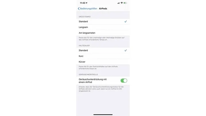 iPhone-Screenshot zeigt Druck- und Geschwindigkeitseinstellungen für die AirPods (Pro).