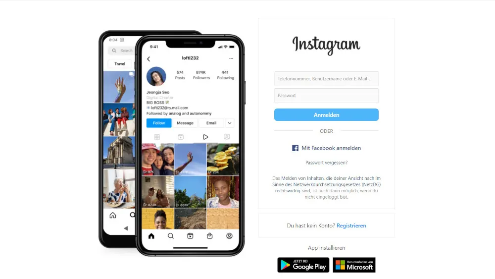Zwei Smartphones zeigen die Instagram-App neben der Anmeldeseite mit Feldern für Telefon, E-Mail und Passwort. Google Play- und Microsoft-App-Symbole.