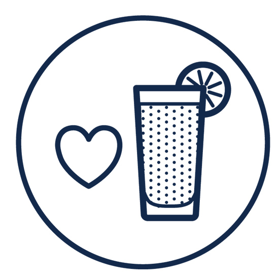 Herz-Symbol, Getränk mit Zitrone in einem Glas, umrandet von einem blauen Kreis auf weißem Hintergrund.