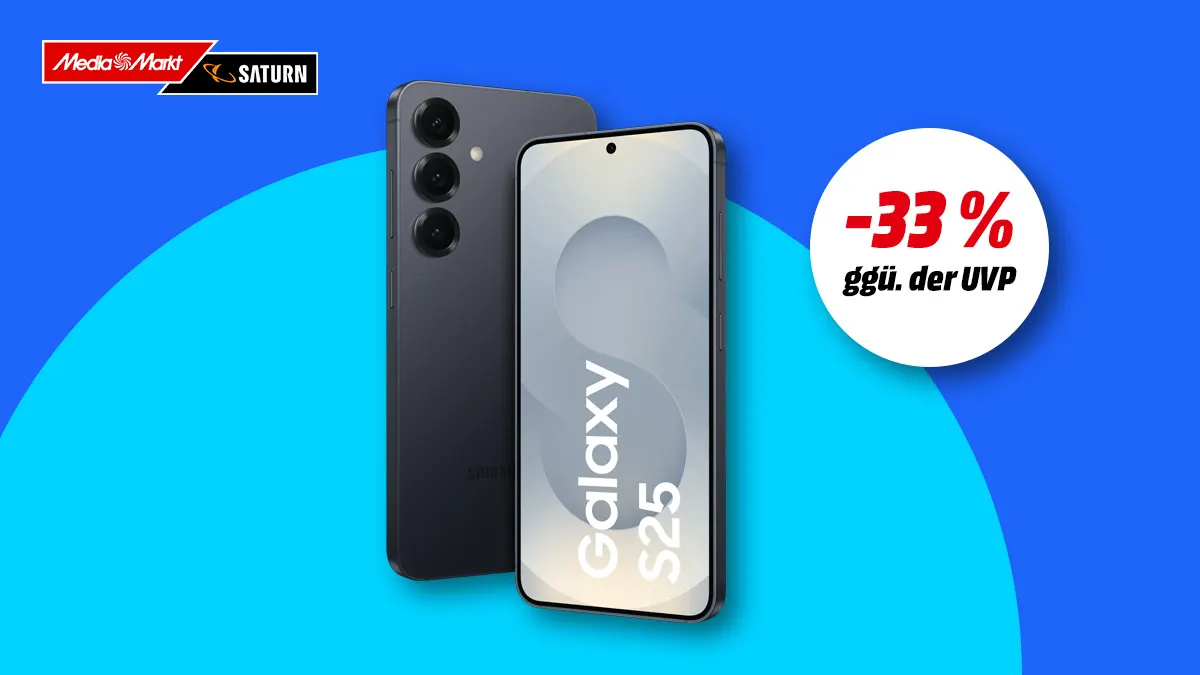 Samsung Galaxy S25 5G, Hinweis auf 33 Prozent Rabatt gegenüber UVP auf blauem Hintergrund. 