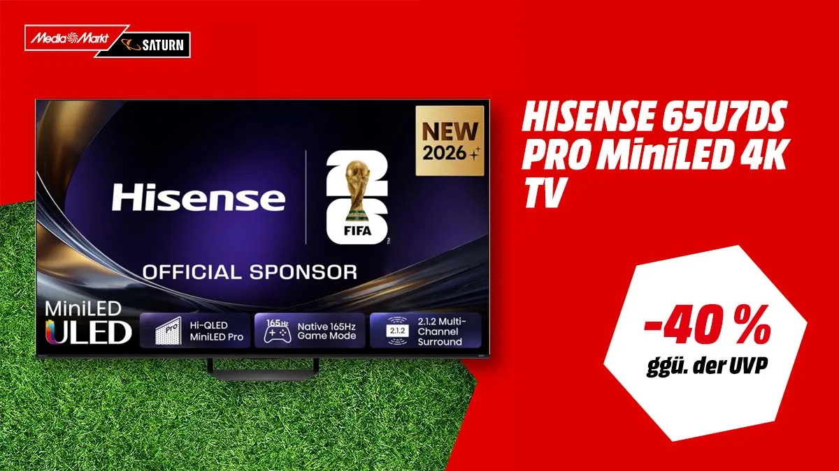 Der Hisense-TV und Hinweis auf 40 Prozent gegenüber der UVP auf weiß-rotem Hintergrund.
