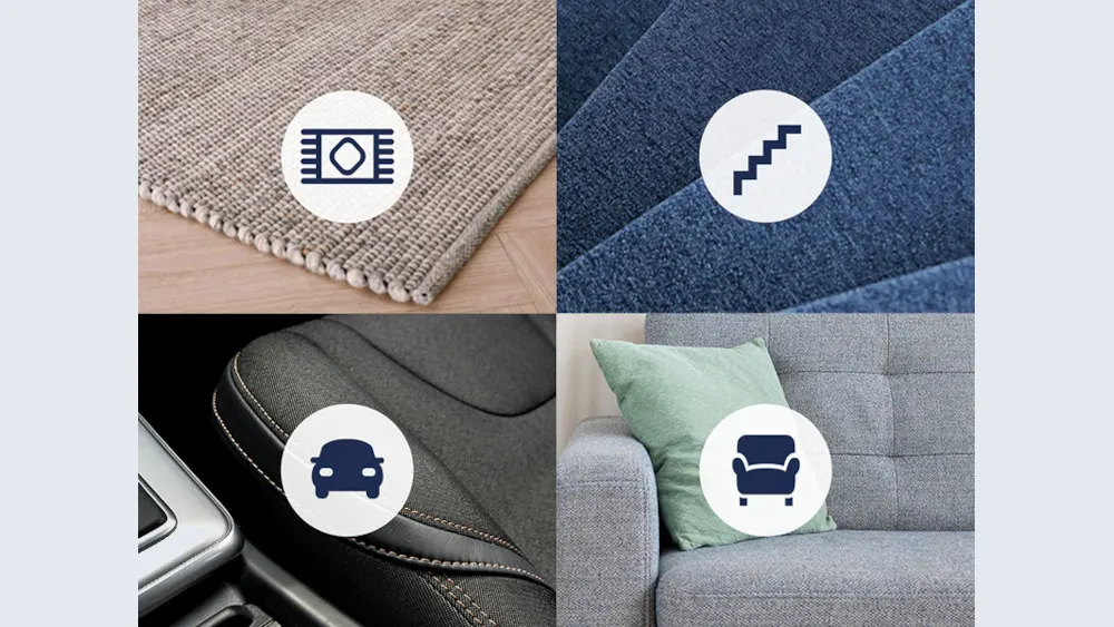 Ein Teppich, eine blaue Treppe, ein Autositz und ein graues Sofa mit grünem Kissen sind zu sehen.