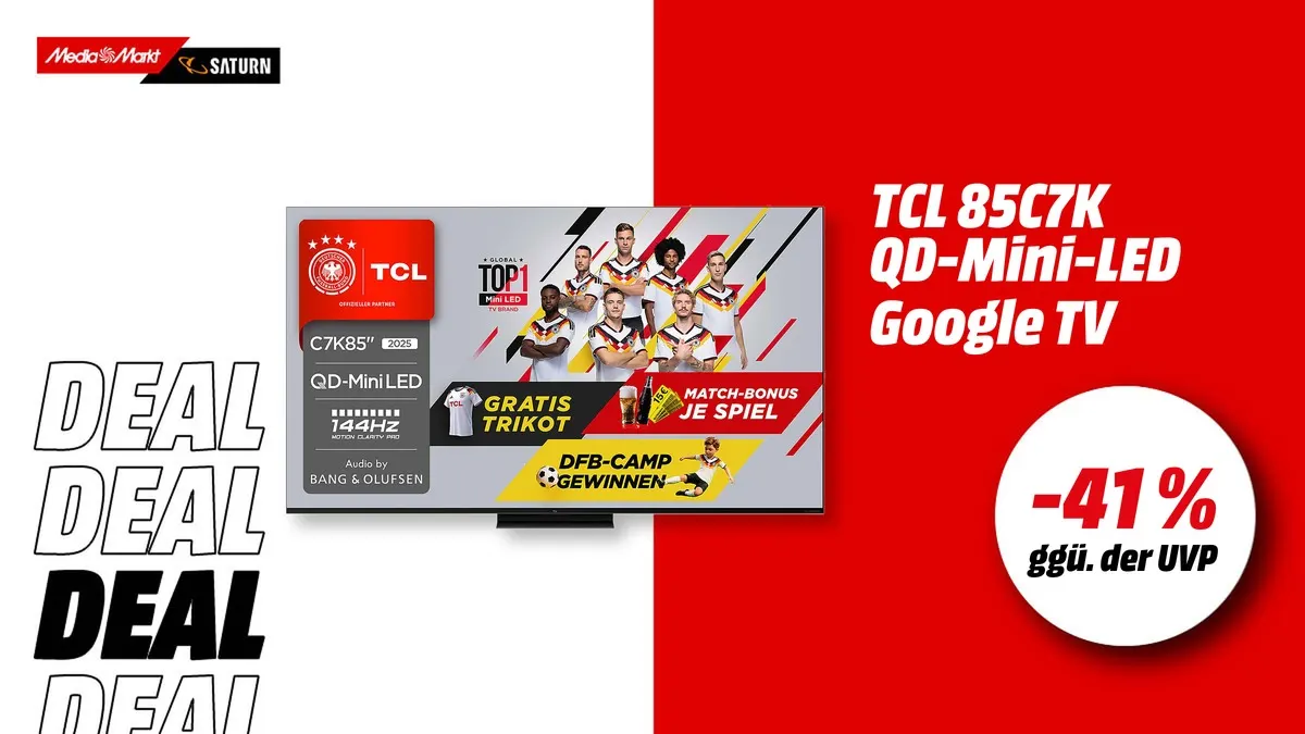 TCL 85C7K QD-Mini-LED Google TV mit 85 Zoll Bildschirmdiagonale, flaches Design für Wandmontage geeignet