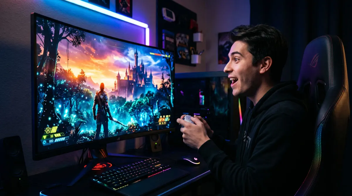 Junger Mann spielt mit Controller vor Gaming-Monitor.