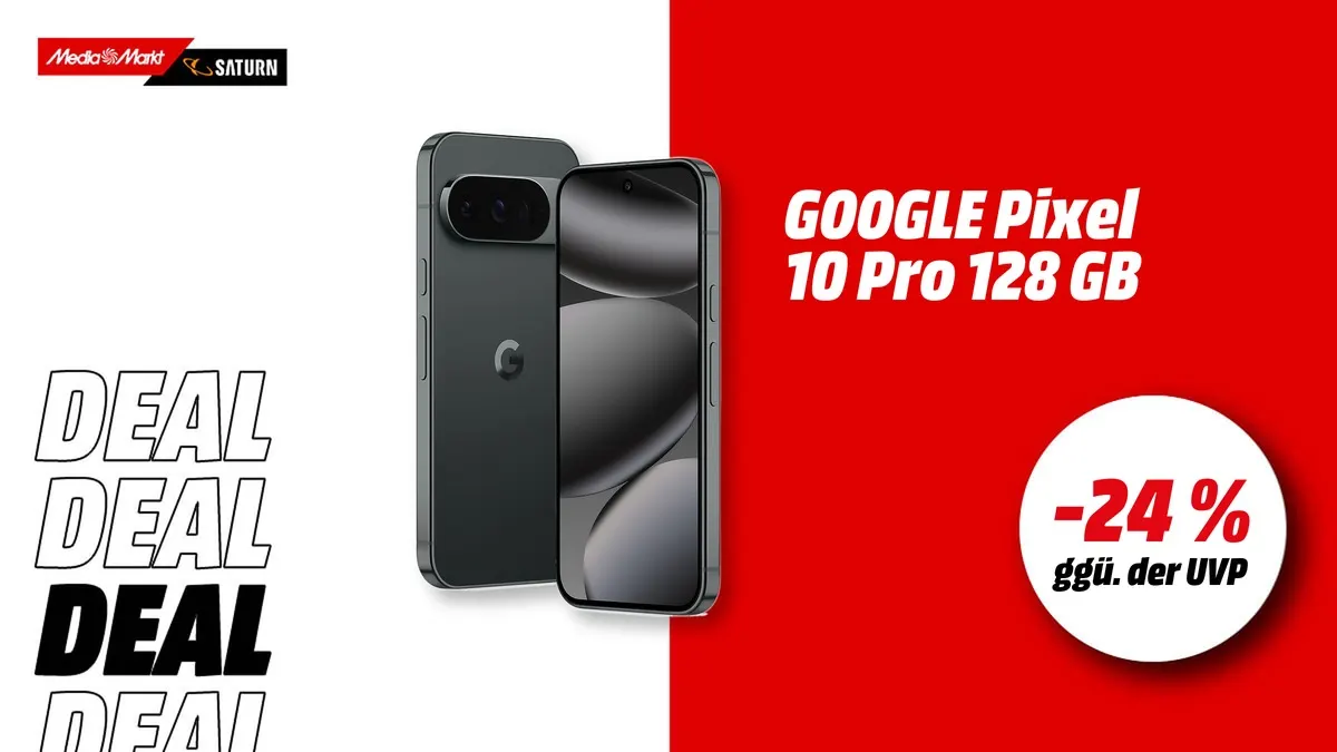 Google Pixel 10 Pro Smartphone in Obsidian-Schwarz mit 128 GB und Dual SIM, aktuell mit -24 % (ggü. der UVP) reduziert.