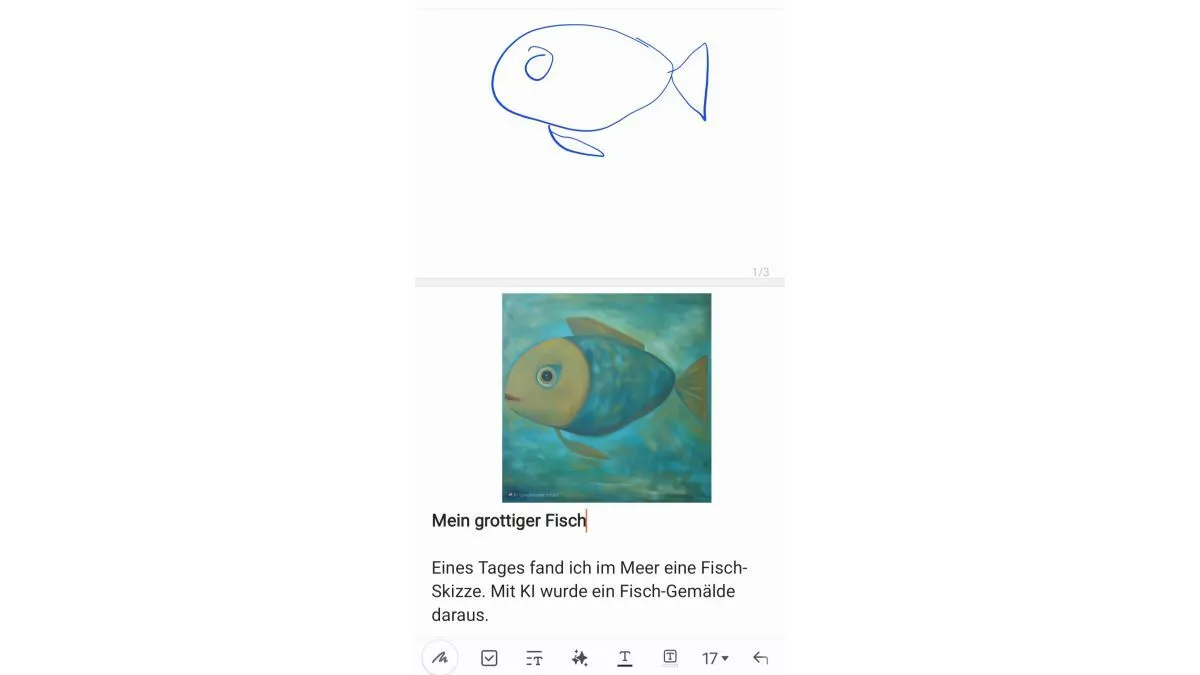 Eine Fisch-Skizze in Samsungs Notizen-Apps, die mit KI zu einem Wasserfarben-Bild verändert wurde. Mit dem Beschreibungstext: „Mein grottiger Fisch: Eines Tages fand ich im Meer eine Fisch-Skizze. Mit KI wurde ein Fisch-Gemälde daraus.“