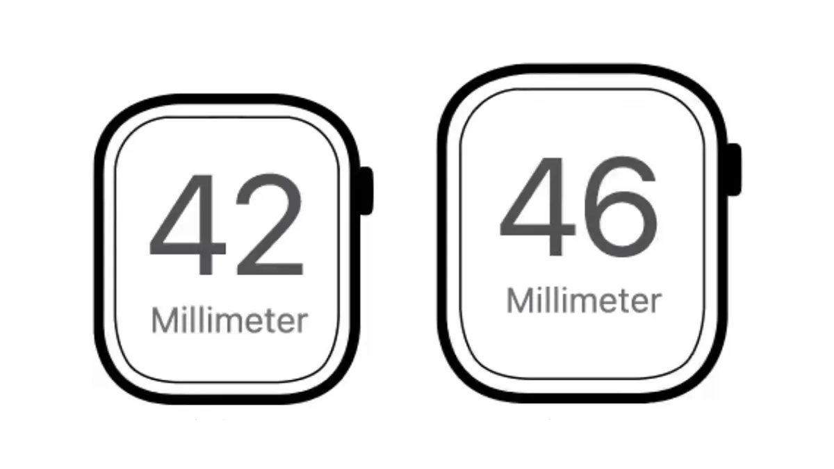 Zwei Umrisse von Smartwatches mit den Zahlen 42 und 46, darunter der Text "Millimeter" auf weißem Hintergrund.