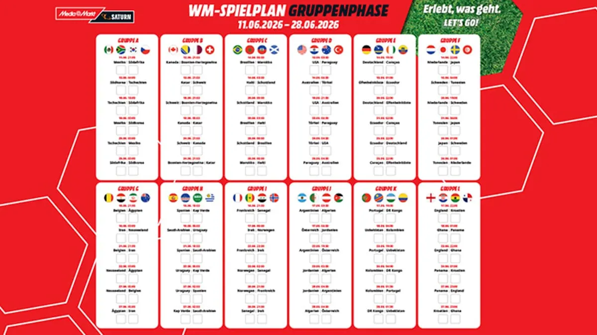 Ausschnitt des detaillierten WM-Spielplans in der Gruppenphase für 2026 von MediaMarkt.