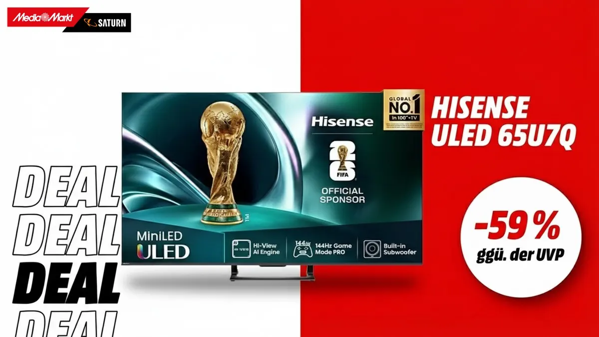 Der Hisense-TV und Hinweis auf 59 Prozent gegenüber der UVP auf weiß-rotem Hintergrund.