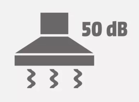 Eine graue Dunstabzugshaube mit drei darunter liegenden wellenförmigen Linien und der Aufschrift "50 dB".