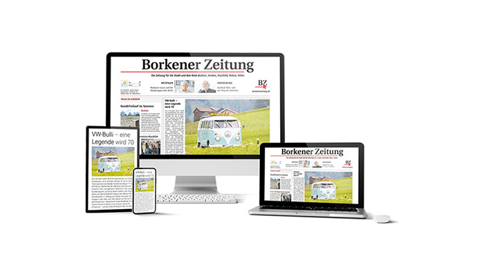 Ein Desktop-Computer, ein Laptop, ein Tablet und ein Smartphone zeigen die Website der Borkener Zeitung.