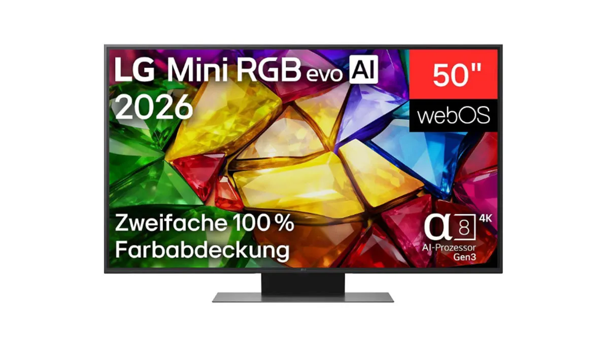 Der 50-Zoll-Fernseher LG 50MRGB86B9A von vorn auf weißem Hintergrund.