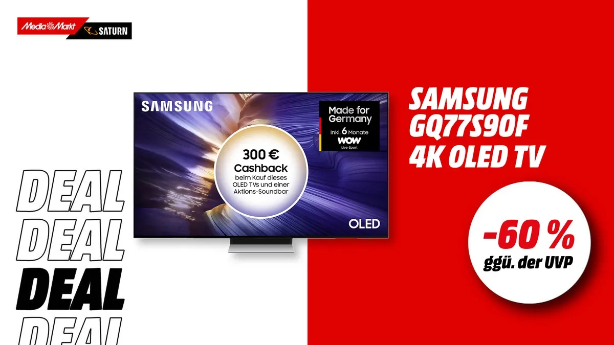 Samsung GQ77S90F 4K OLED TV, 77 Zoll, Flat-Display, schlankes Design, aktuell mit -60 % (ggü. der UVP) reduziert
