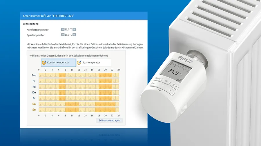 Weißer Heizkörper mit digitalem Thermostat, der 21,5 Grad Celsius anzeigt. Daneben eine Grafik zur Zeiteinstellung.