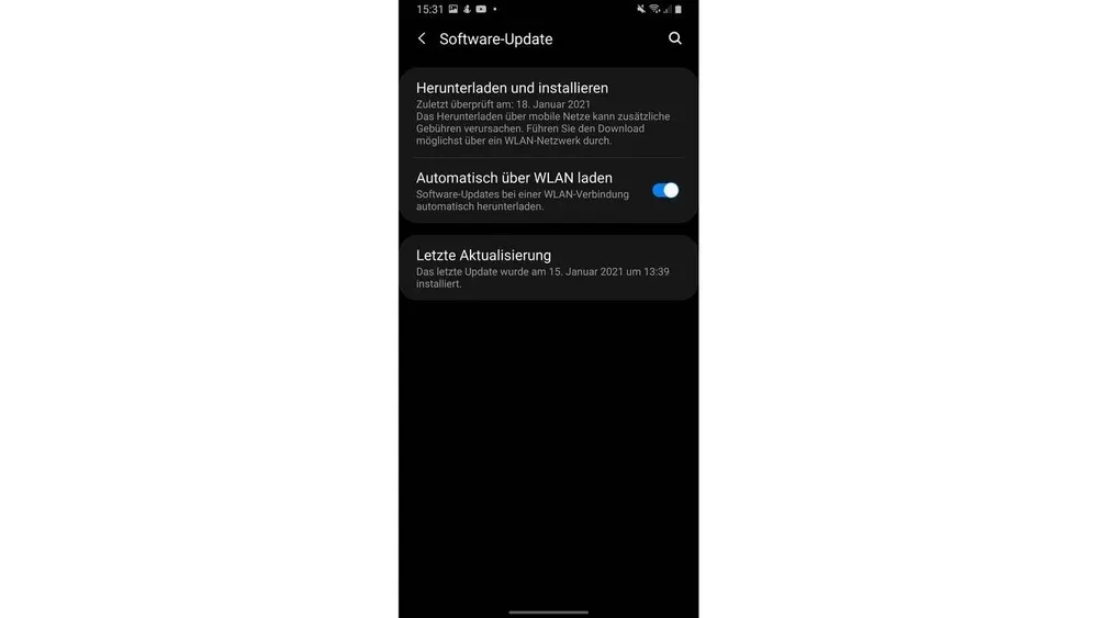 Ein Smartphone-Bildschirm mit dem Menü "Software-Update", Optionen zum Herunterladen und Installieren sowie WLAN-Einstellungen.