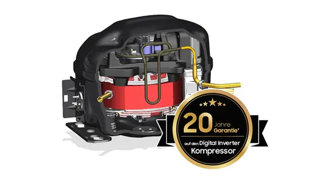 Ein schwarzer Digital-Inverter-Kompressor mit roten Elementen und gelben Rohren, daneben ein goldenes "20 Jahre Garantie"-Siegel.