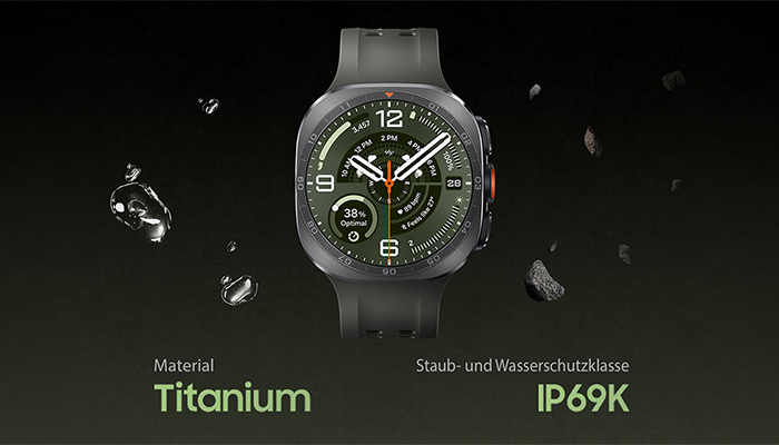 Samsung Galaxy Watch Ultra2 mit Titangehäuse und IP69K-Schutz. Robuste Smartwatch vor dunklem Hintergrund mit Wasser- und Gesteinselementen.