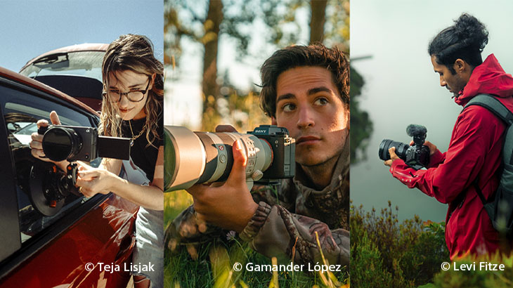 Drei Personen fotografieren jeweils mit professionellen Kameras in unterschiedlichen Umgebungen: Eine Person nimmt aus einem Auto heraus auf, eine zweite fotografiert in der Natur mit einem Teleobjektiv, und die dritte Person trägt einen Rucksack und hält eine Kamera auf einer Wiese.