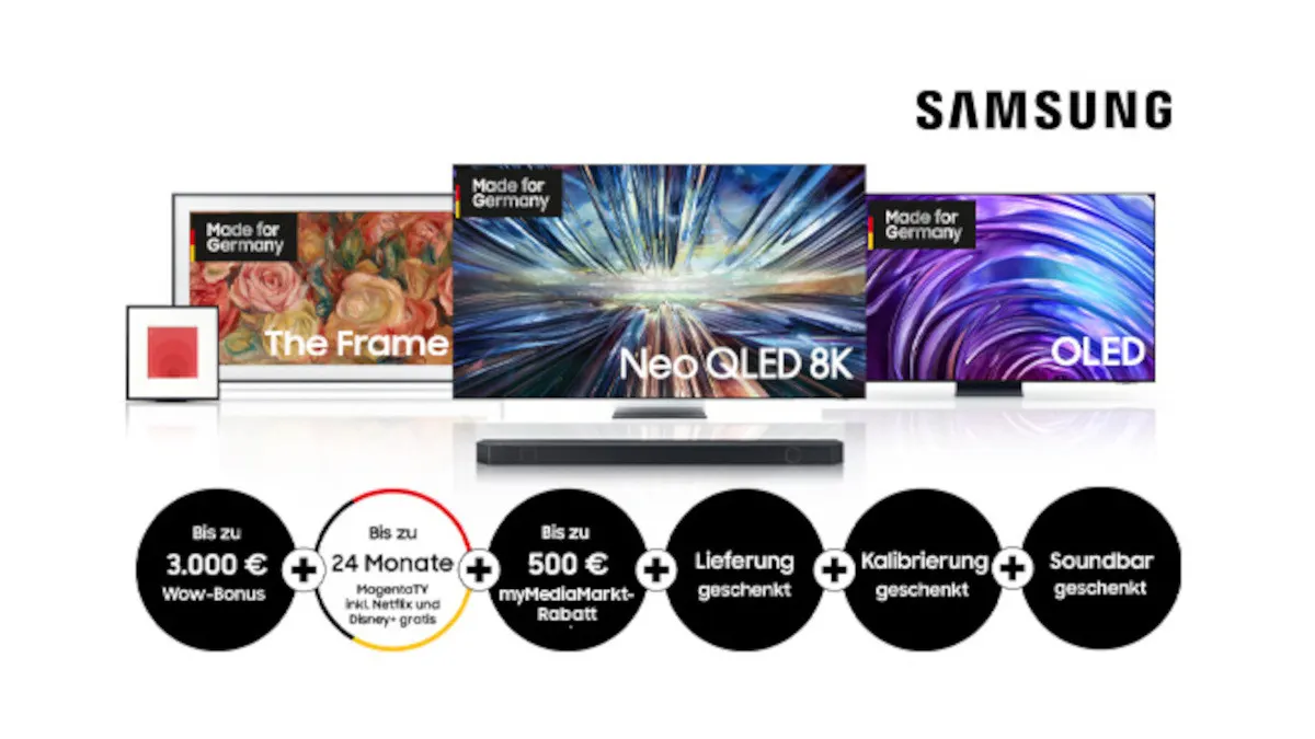 Drei Fernseher der Marke Samsung stehen nebeneinander, darunter ein Neo QLED 8K und ein OLED-Modell. Angebote mit Rabatten werden hervorgehoben.