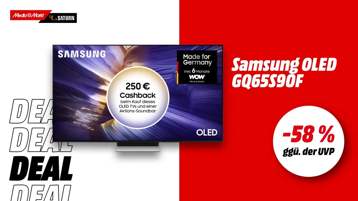 Der Samsung OLED-TV und Hinweis auf 58 Prozent gegenüber der UVP auf weiß-rotem Hintergrund.