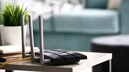 Auf einem Tisch stehen ein schwarzer Router mit Antennen, eine Topfpflanze und Bücher. Im Hintergrund ist ein Sofa.