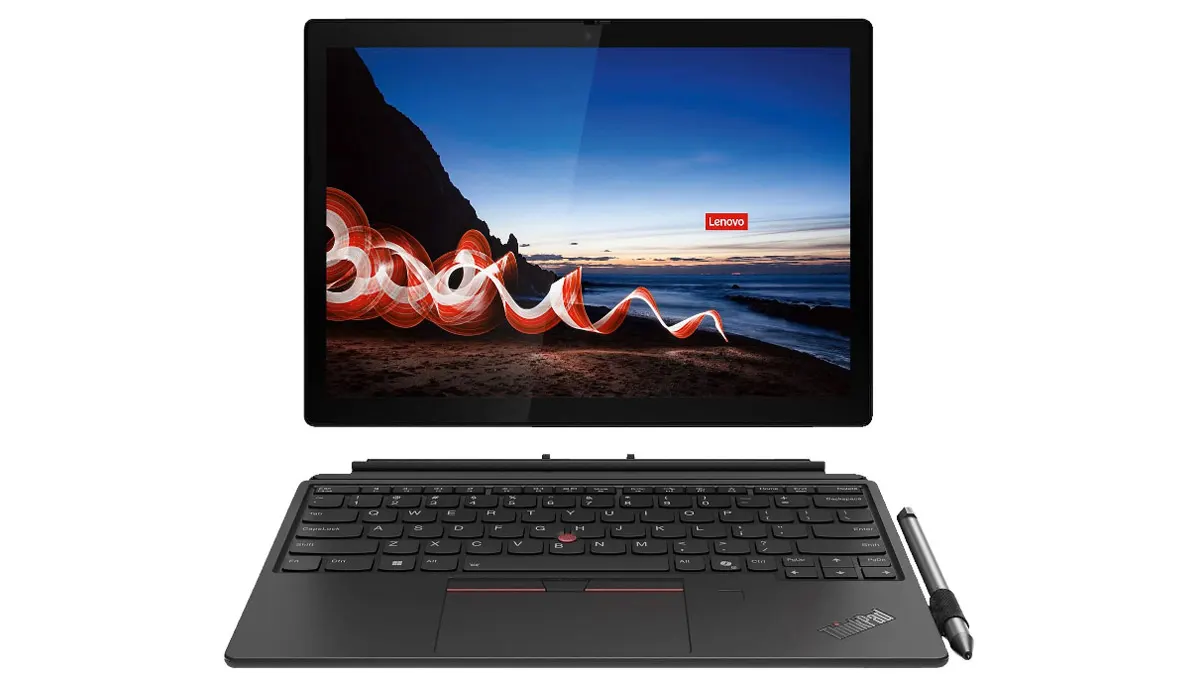 Das Lenovo ThinkPad X12 und die dazugehörige Tastatur vor weißem Hintergrund.