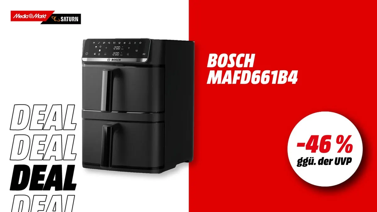 Bosch MAFD661B4 Double Stack Air Fryer Serie 6 mit 12 Litern Kapazität, aktuell stark reduziert bei MediaMarkt