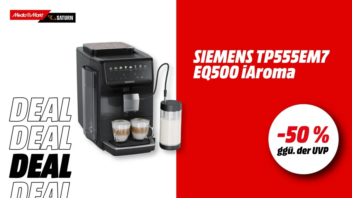 Siemens TP555EM7 EQ500 iAroma Kaffeevollautomat in Klavierlack Schwarz – aktuell mit -50 % (ggü. der UVP) reduziert bei MediaMarkt