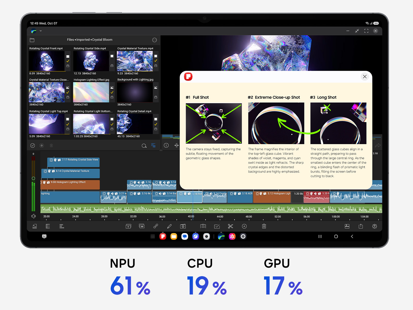 Galaxy Tab S12 Ultra bei der Videobearbeitung; Leistungszuwächse für NPU, CPU und GPU.