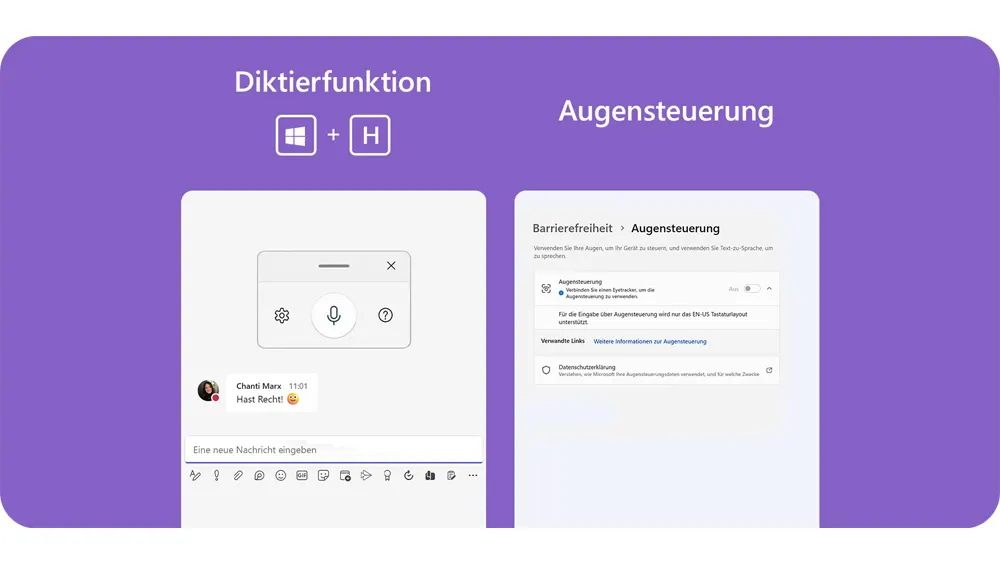Lila Hintergrund mit Text zu Diktierfunktion und Augensteuerung. Links: Fenster mit Mikrofonsymbol. Rechts: Einstellungen zur Barrierefreiheit.
