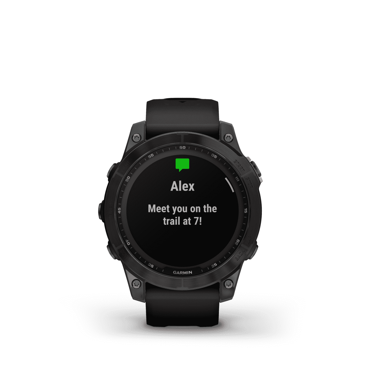 GARMIN Fenix 7 Solar Smartwatch mit einer sms Nachricht auf dem Bildschirm