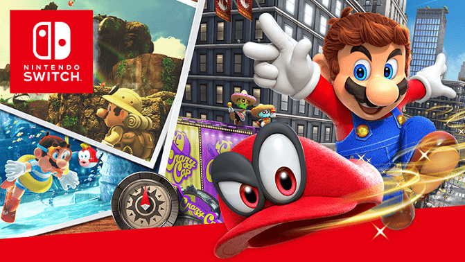 Mario wirft Cappy in Richtung des Betrachters im Hintergrund sind drei Super Mario Odyssey Regionen zu sehen