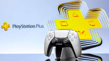 PS5-Controller steht vor Hintergrund mit PS-Plus-Logo.