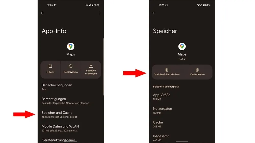 Zwei Smartphone-Screenshots zeigen App-Info und Speichernutzung von Maps, hervorgehoben sind Speicher & Cache sowie Speicherinhalt löschen.
